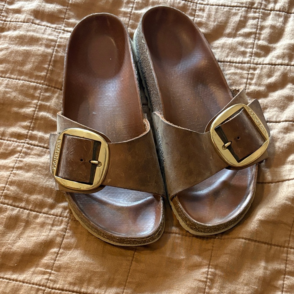 Brown Leather Sandals with Gold Buckle Birkenstocks